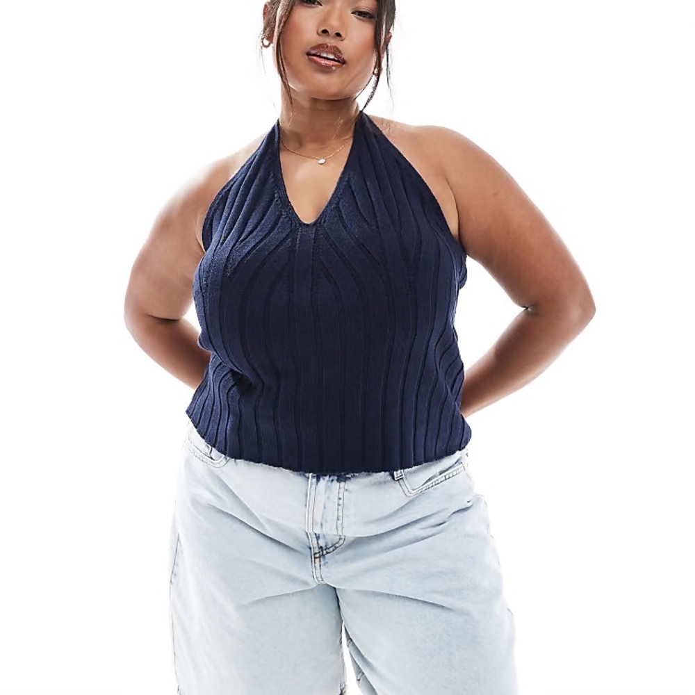 ASOS DESIGN Curve Knitted Wide Rib Halter Top in Navy